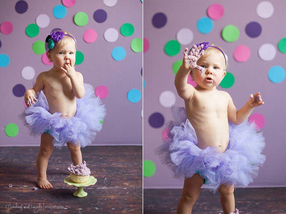 First birthday cake smash photos, Purple polka dots, Rochester baby photographer