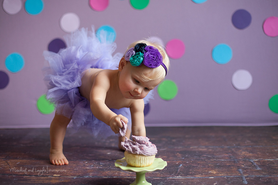 First birthday cake smash photos, Purple polka dots, Rochester baby photographer