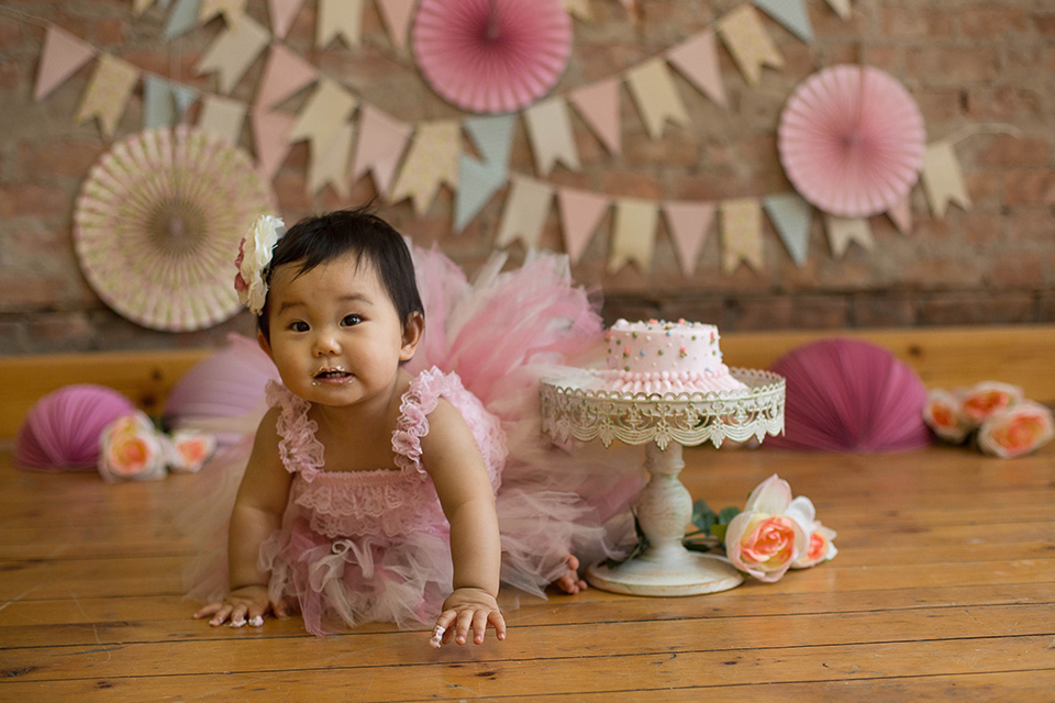 Light pink pastel girl cake smash session, Rochester NY Cake Smash, Mischief and Laughs Photography 