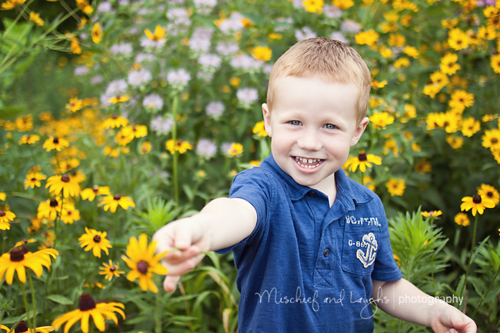 Child picking wildflowers as he has his picture taken
