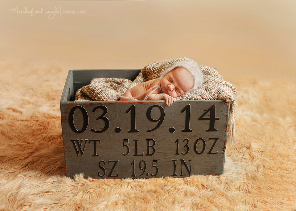 Custom box for newborn pictures, your baby's weight and birthdate. Mischief and Laughs Photography, Cincinnati OH