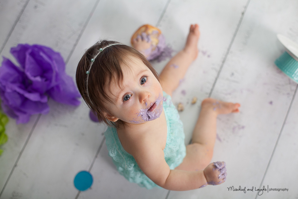 underwater themed first birthday cake smash, Mischief and Laughs Photography, Cincinnati OH