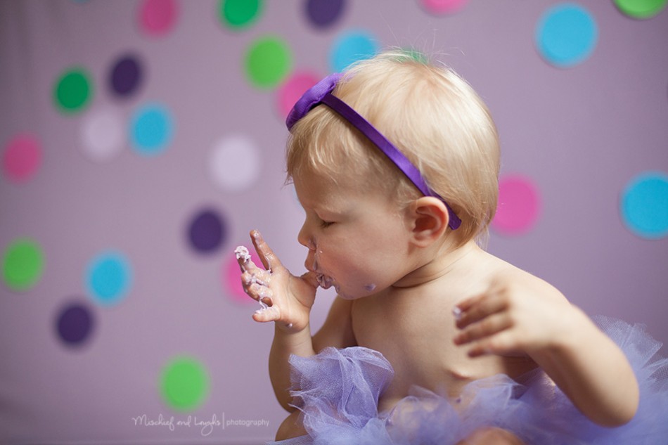 First birthday cake smash photos, Purple polka dots, Rochester baby photographer