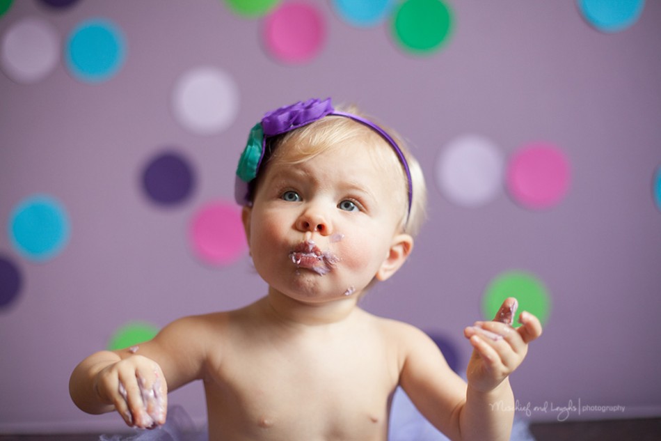 First birthday cake smash photos, Purple polka dots, Rochester baby photographer