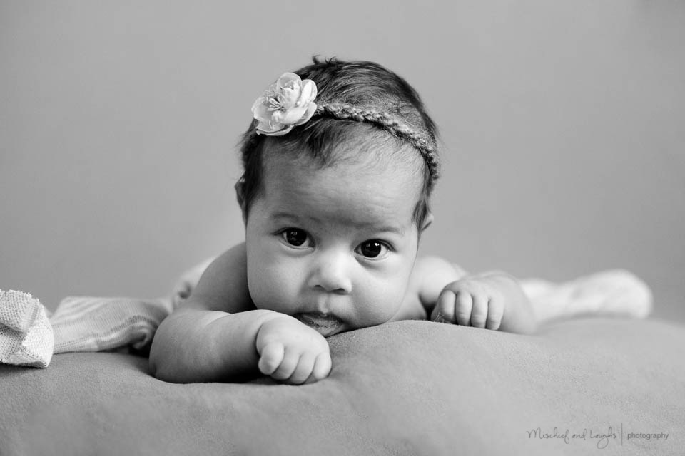 Black and white photo of an 8 week old baby, Cincinnati Newborn Photographer 