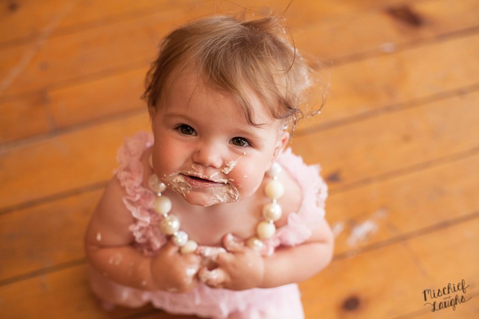 first birthday photos in Canandaigua NY, vintage pink Cake smas