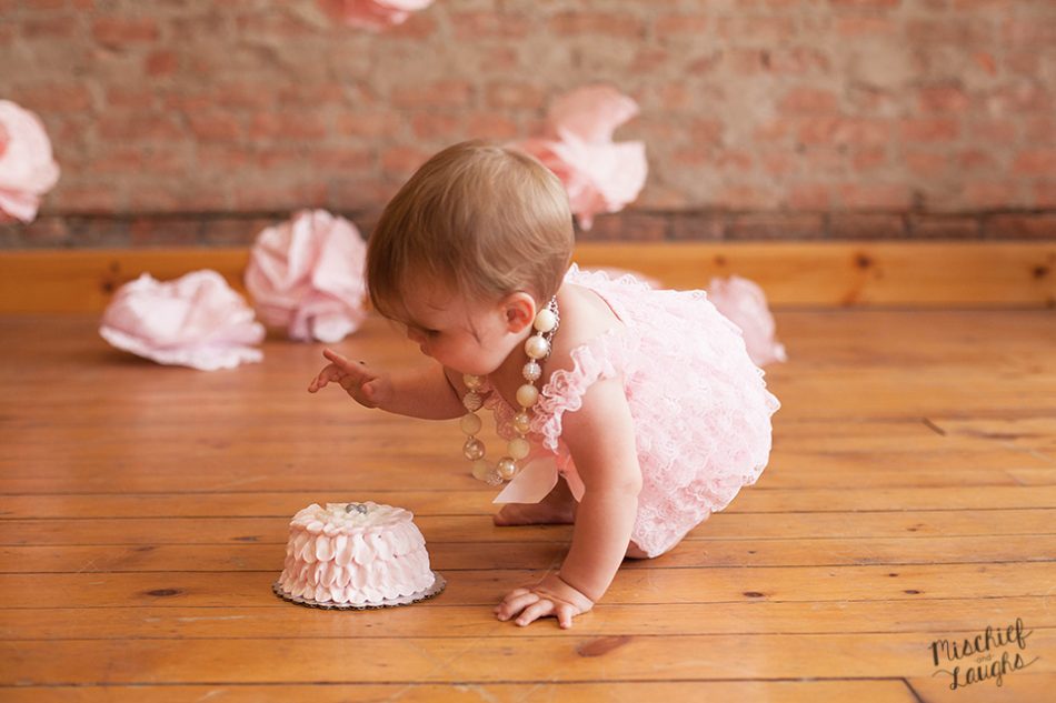 first birthday photos in Canandaigua NY, vintage pink Cake smas