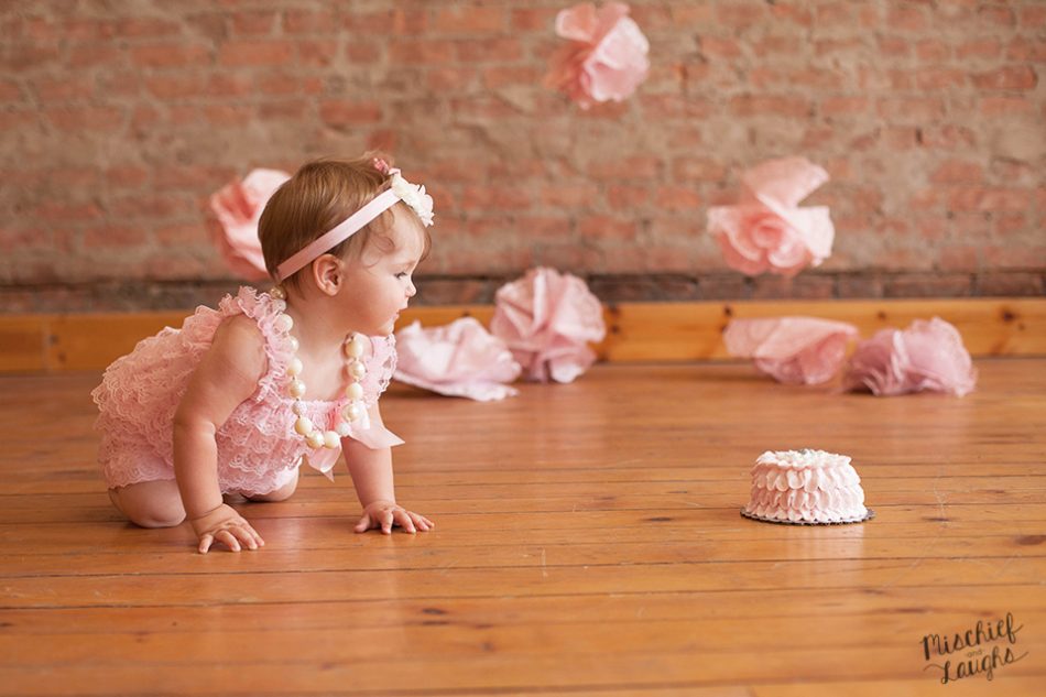 first birthday photos in Canandaigua NY, vintage pink Cake smas