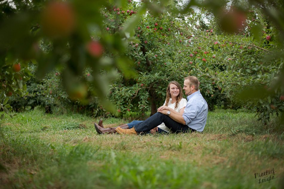 apple orchard engagement session, Sodus Point NY, Mischief and Laughs Photography