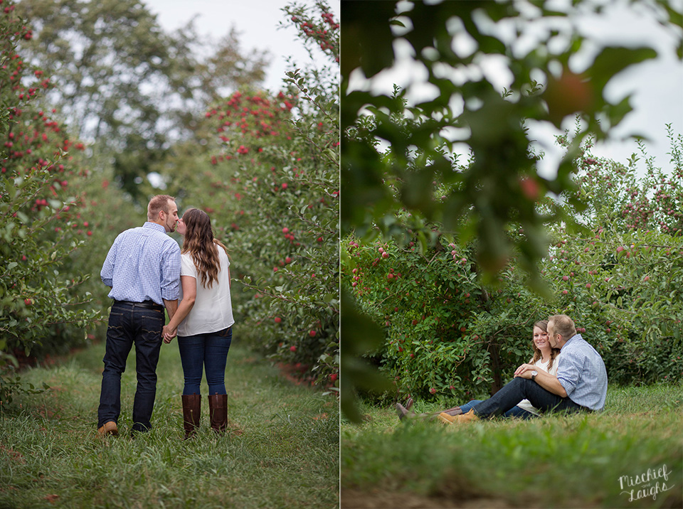 apple orchard engagement session, Sodus Point NY wedding photographer, Mischief and Laughs Photography