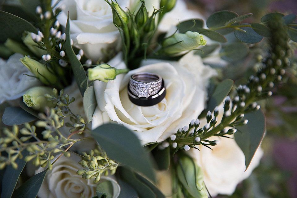 Rings and green flowers, roses eucalyptus and chrysanthemum farmhouse bouquets, Wedding Photographer in the Finger Lakes