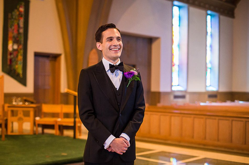 groom sees bride for the first time, St Clare church Cincinnati