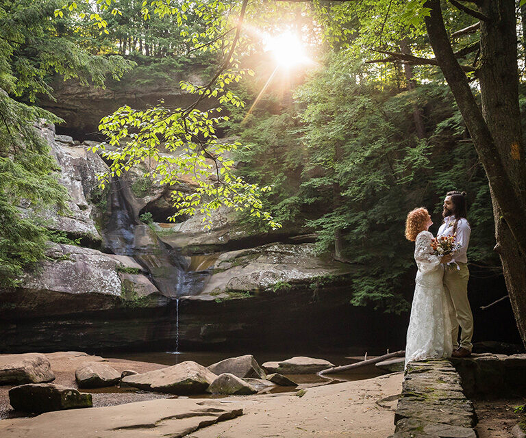 Couple poses for their elopement wedding photos at Hocking Hills State Park