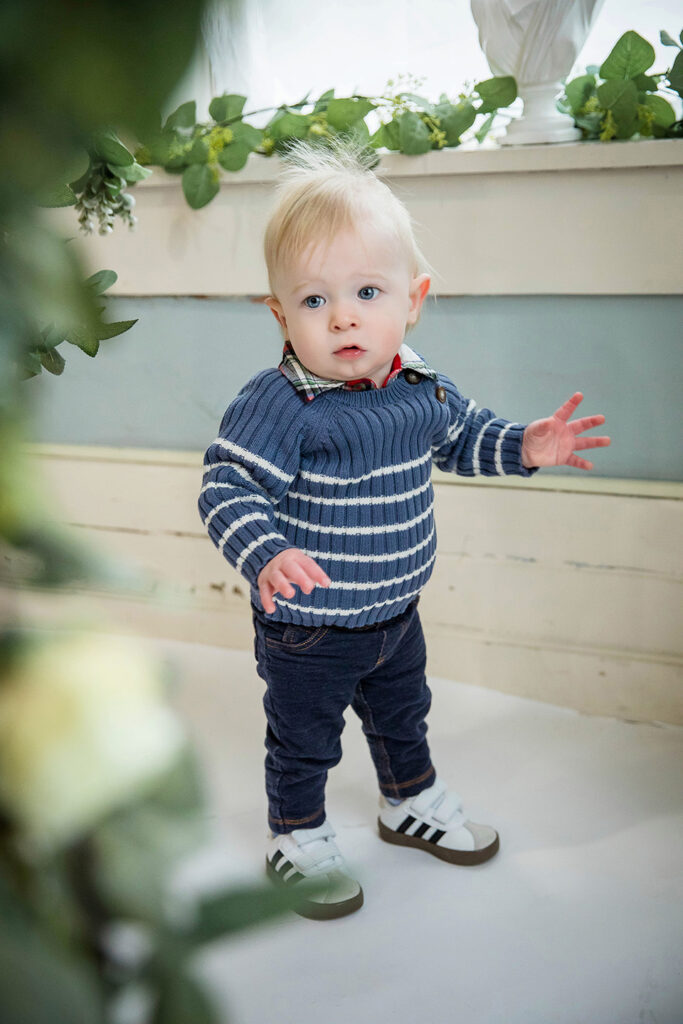 One-year-old baby boy photographed in a professional Cincinnati photography studio.